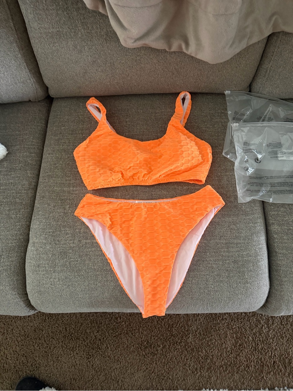 Neon Orange Textured Bikini Set - Women's Swim